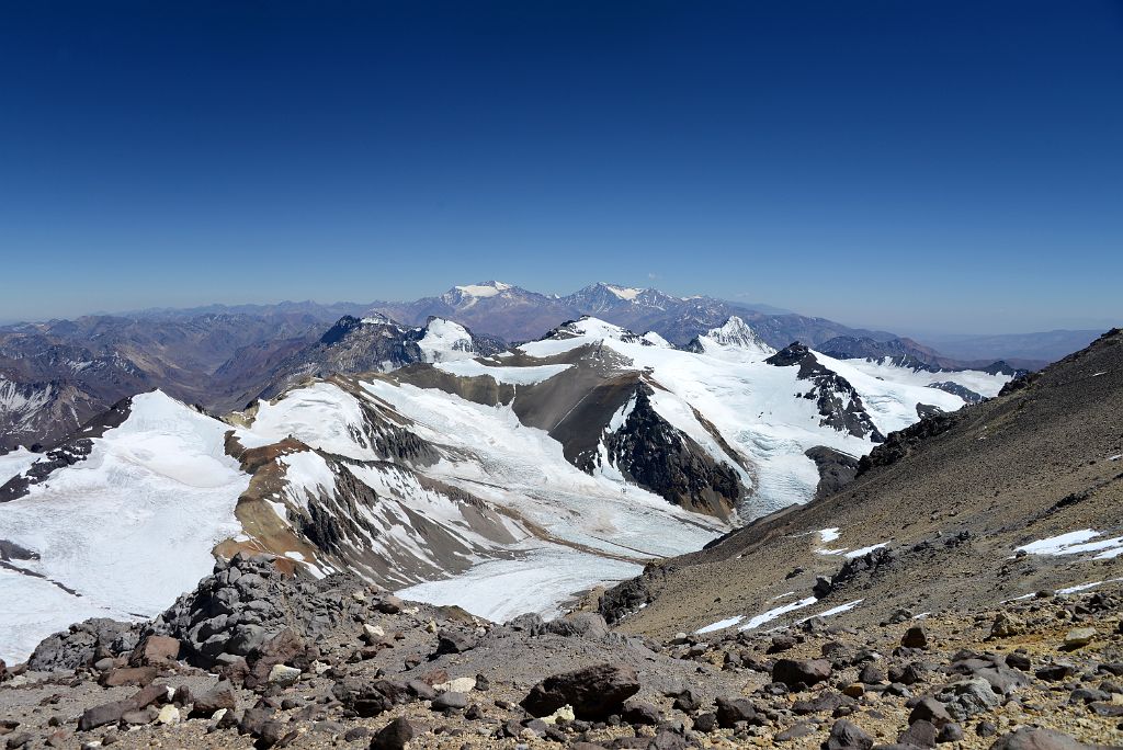 02 Cerro Bonete del Norte, Cerro Zurbriggen, Cupola de Gussfeldt, La Mano, Cerro Link With Mercedario, Ramada In Distance On Descent From Colera Camp 3 To Plaza de Mulas